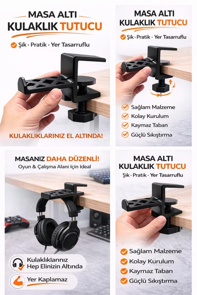 Masa Altı Kulaklık Tutucu Aparat | Sıkıştırmalı Kulaklık Askısı | Oyuncu & Ofis Masası Düzenleyici ürün görseli 1