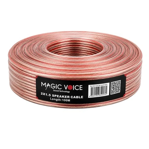 Magicvoice 2x1.50 Şeffaf Kırmızı Çizgili 100 Metre Hoparlör Kablosu ürün görseli 1