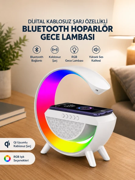 Google Dijital Kablosuz Şarj Özellikli Bluetooth Hoparlör Gece Lambası ürün görseli 1