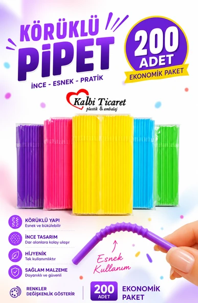 İnce Pipet Körüklü Karışık Renkli 200'lü Pipet Tek kullanımlık Kullan At Pipet ürün görseli 1