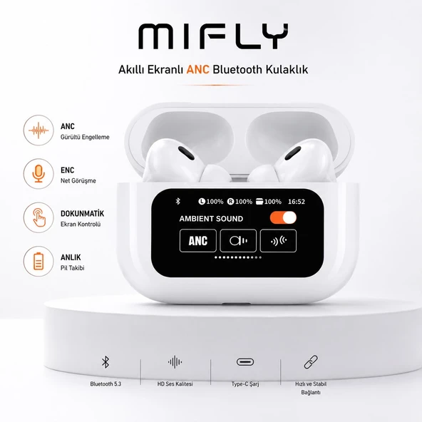MIFLY Smart Screen Pro ANC ENC Akıllı Ekranlı Bluetooth Kulaklık Dokunmatik Şarj Kutulu Kablosuz Kulak İçi Kulaklık ürün görseli 1