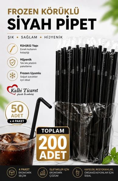 Siyah Pipet 50'li x 4 Paket Jelatinli Sargılı Pipet Frozen Körüklü Kıvrımlı Pipet ürün görseli 1