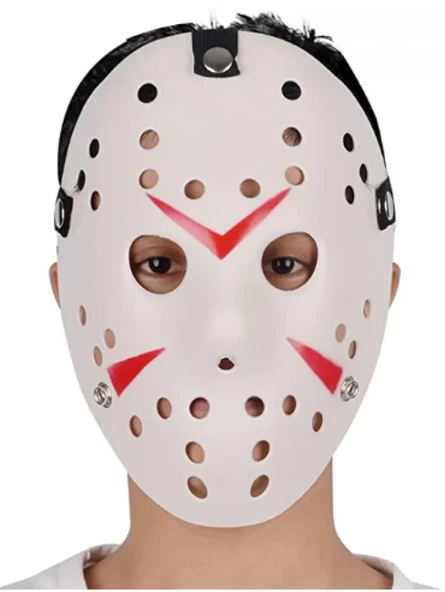 Beyaz Renk Kırmızı Çizgili Tam Yüz Hokey Jason Maskesi Hannibal Maskesi ürün görseli 1