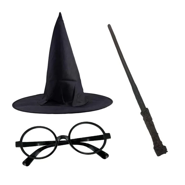 Harry Potter Siyah Şapkası Harry Potter Gözlüğü Harry Potter Asası 3 lü Set ürün görseli 1