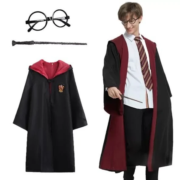 Harry Potter Gryffindor Kapişonlu Çocuk Kostüm + Asa + Gözlük Seti 5-6 Yaş ürün görseli 1