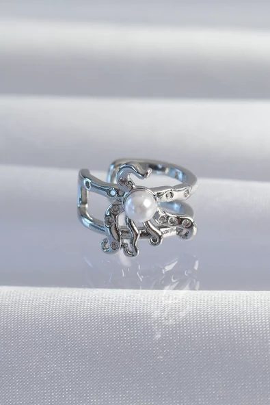 Pirinç Gümüş Renk İncili Ahtapot Earcuff Küpe - TJ-BKP9332 ürün görseli 1