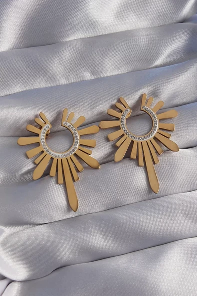 316L Çelik Gold Renk Zirkon Taşlı Güneş Figürlü Küpe - TJ-BKP9063 ürün görseli 1