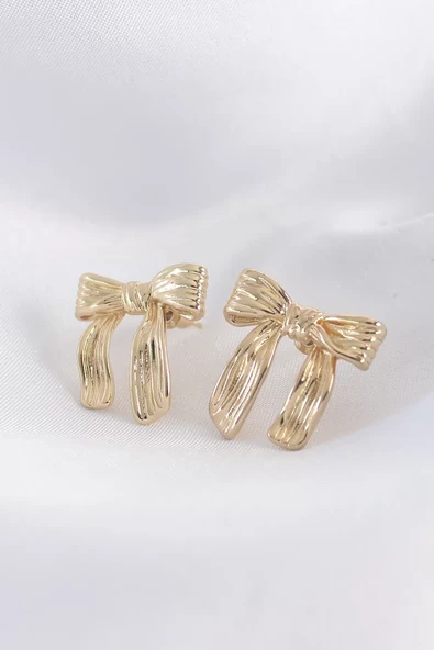 Pirinç Gold Renk Çizgi Detay Fiyonk Küpe - TJ-BKP8934 ürün görseli 1