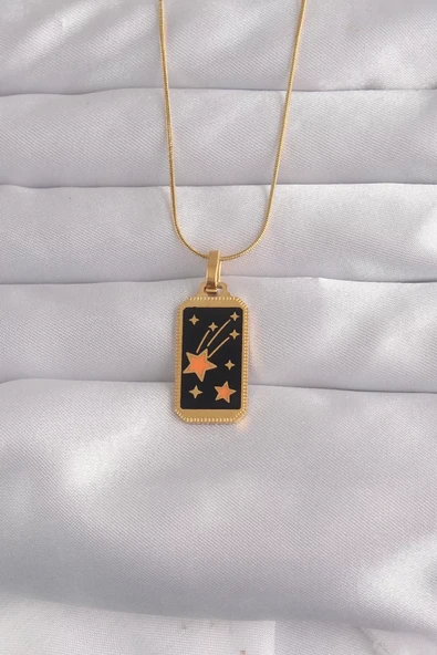 316L Çelik Gold Renk Siyah Mineli Yıldız Figür Tarot Kolye - TJ-BKO9028 ürün görseli 1