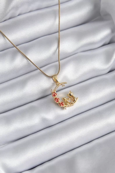 316L Çelik Gold Renk Hilal Kedi Model Zirkon Taşlı Detay Kadın Kolye - TJ-BKO8140 ürün görseli 1