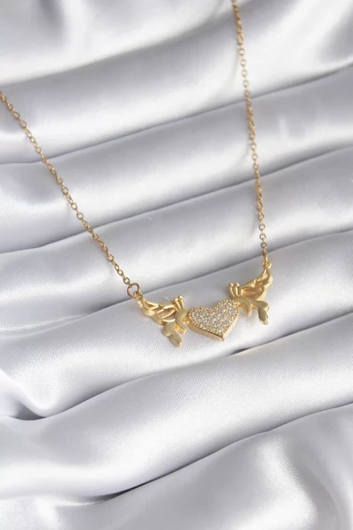 316L Çelik Gold Renk Zirkon Taşlı Kanatlı Kalp Model Kadın Kolye - TJ-BKO8290 ürün görseli 1