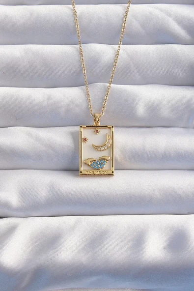 316L Çelik Zincir Gold Renk Ay Detay Mavi Zirkon Taşlı Tarot Kolye - TJ-BKO8980 ürün görseli 1