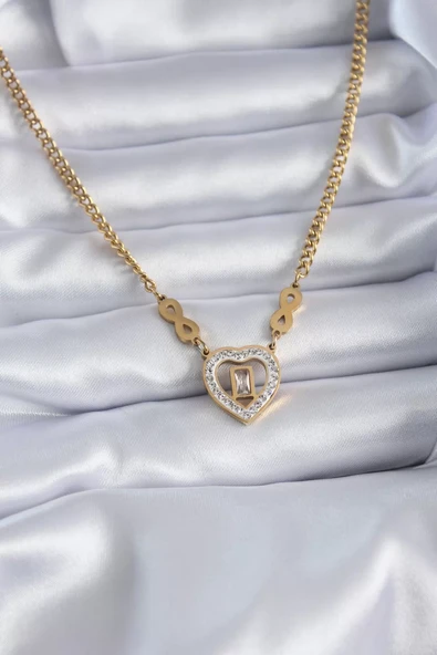 316L Çelik Gold Renk Zirkon Taşlı Kalp Model Sonsuzluk Detay Kadın Kolye - TJ-BKO7789 ürün görseli 1