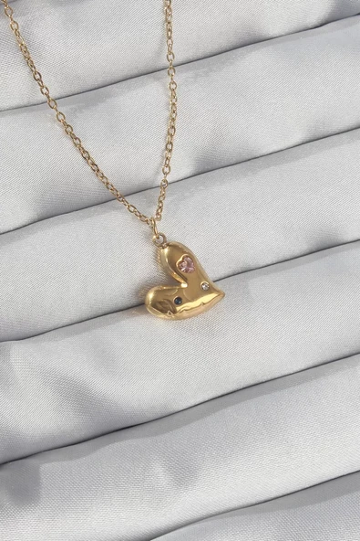 316L Çelik Zincir Gold Renk Renkli Zirkon Taşlı Kalp Kolye - TJ-BKO8905 ürün görseli 1