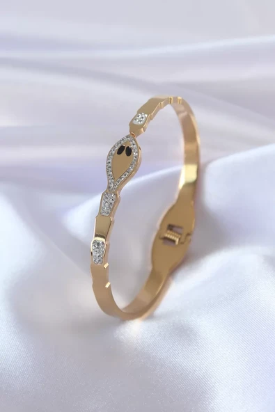 316L Çelik Gold Renk Yılan Model Zirkon Taş Detay Kadın Kelepçe - TJ-BB5054 ürün görseli 1