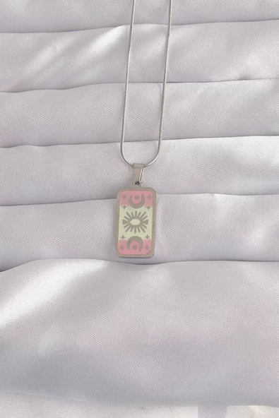 316L Çelik Gümüş Renk Pembe Mineli Ay Figür Tarot Kolye - TJ-BKO9045 ürün görseli 1