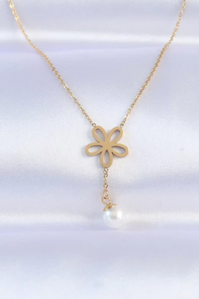 316L Çelik Zincir Gold Renk İnci Detay Çiçek Kolye - TJ-BKO8730 ürün görseli 1