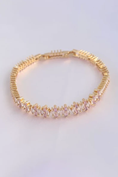 Vip Seri Pirinç Pembe Zirkon Taşlı Gold Renk Baget Model Bileklik - TJ-BB6078 ürün görseli 1