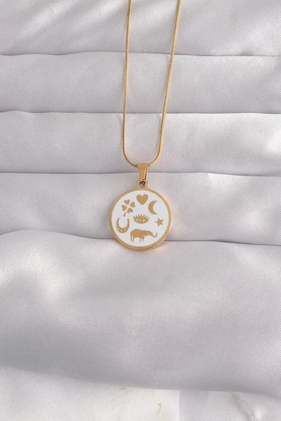 316L Çelik Gold Renk Beyaz Mineli Karışık Figürlü Tarot Kolye - TJ-BKO9041 ürün görseli 1