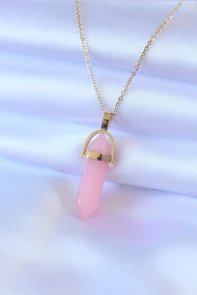 316L Çelik Gold Renk Kristal Pembe Taş Model Kadın kolye - TJ-BKO7472 ürün görseli 1