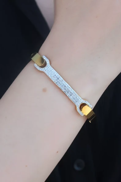 316L Çelik Gold Renk Zirkon Taşlı Kadın Kelepçe - TJ-BB5285 ürün görseli 1