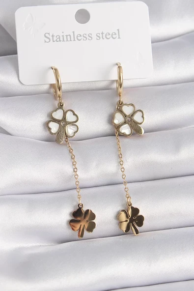 316L Çelik Gold Renk Sedefli Yonca Model Zirkon Taş Detay Kadın Küpe - TJ-BKP9573 ürün görseli 1