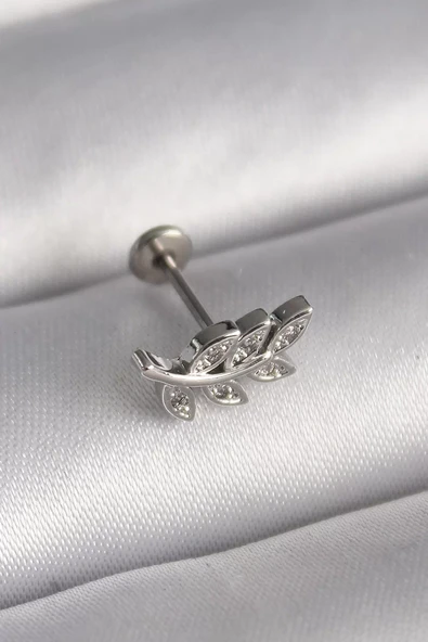 316L Çelik Gümüş Renk Dal Model Zirkon Taş Detaylı Tragus Piercing - TJ-PR1343 ürün görseli 1