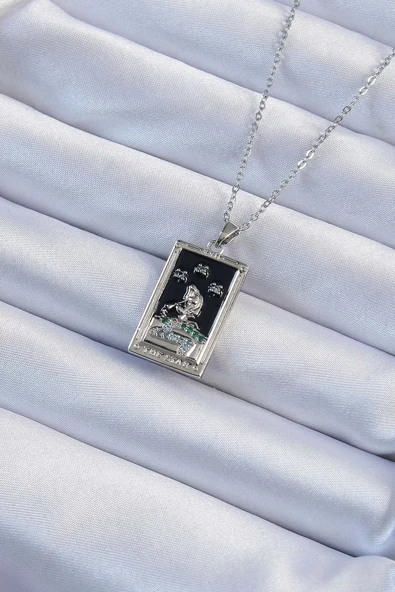 316L Çelik Zincir Gümüş Renk Zirkon Taşlı Siyah Mineli Kız Figürlü Tarot Kolye - TJ-BKO9228 ürün görseli 1