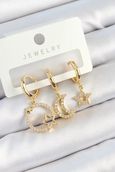 Pirinç Zirkon Taşlı Yıldız Ve Ay Model Gold Renk 3'lü Çift Kadın Küpe Set - TJ-BKP10819 ürün görseli 1