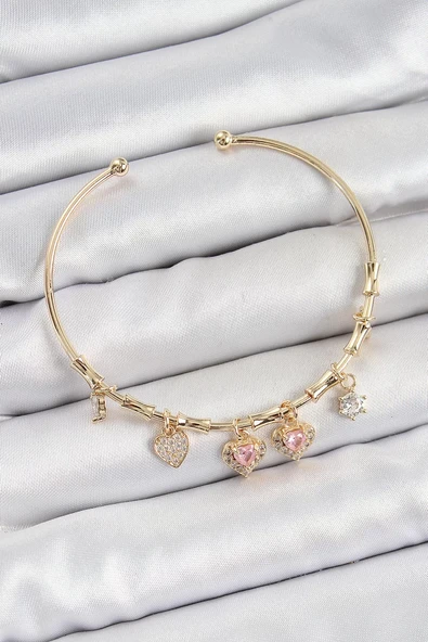 Pirinç Zirkon Taşlı Pembe Kalp Model Gold Renk Charm Bileklik - TJ-BB7356 ürün görseli 1