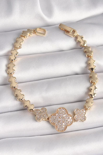 Pirinç Gold Renk Zirkon Taşlı Yonca Model Zincir Kadın Bileklik - TJ-BB6822 ürün görseli 1