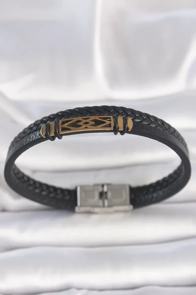 316L Çelik Gold Renk Aksesuarlı Çift Sıra Siyah Burgu Desenli Deri Kordon Erkek Bileklik - TJ-EB3710 ürün görseli 1