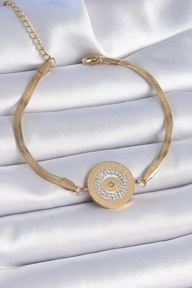 316L Çelik Gold Renk İtalyan Zincir Zirkon Taşlı Göz İşlemeli Madalyon Model Kadın Bileklik - TJ-BB6445 ürün görseli 1