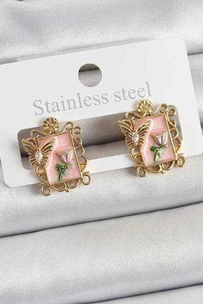 Pirinç Pembe Mineli Sanatsal Portre Model Gold Renk Kadın Küpe - TJ-BKP10685 ürün görseli 1