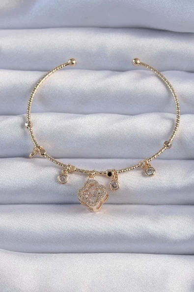 Pirinç Altın Renk Zirkon Taşlı Yonca Model Charm Bileklik - TJ-BB6327 ürün görseli 1