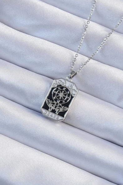 316L Çelik Zincir Gümüş Renk İşlemeli Siyah Mineli Tarot Kolye - TJ-BKO9237 ürün görseli 1