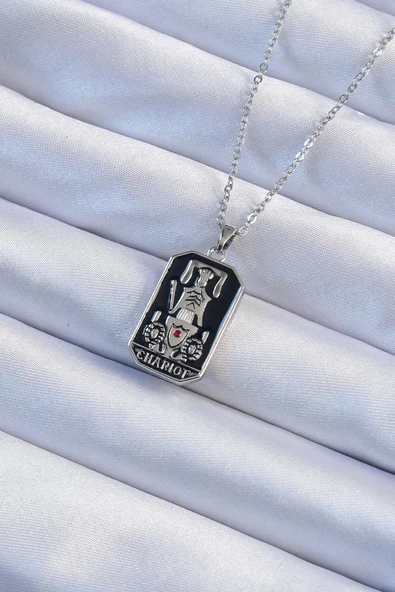 316L Çelik Zincir Gümüş Renk Siyah Mineli Tarot Kolye - TJ-BKO9246 ürün görseli 1