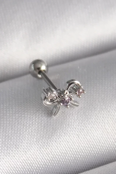 316L Çelik Gümüş Renk Zirkon Taşlı Kurdele Tragus Piercing - TJ-PR1265 ürün görseli 1