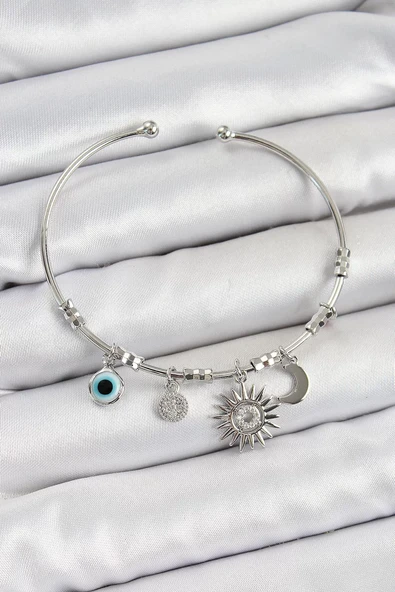Pirinç Zirkon Taşlı Güneş Ay Ve Nazar Model Gümüş Renk Charm Bileklik - TJ-BB7346 ürün görseli 1