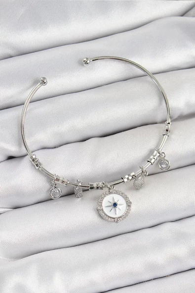 Pirinç Zirkon Taşlı Pusula Model Gümüş Renk Charm Bileklik - TJ-BB7349 ürün görseli 1