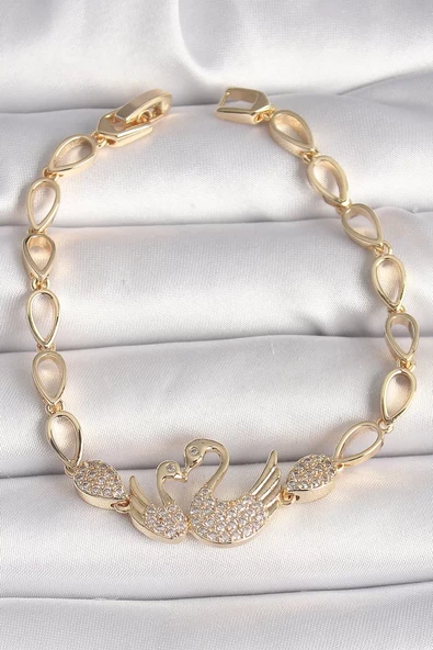 Pirinç Gold Renk Zirkon Taşlı Kuğu Figür Damla Zincir Model Kadın Bileklik - TJ-BB6849 ürün görseli 1