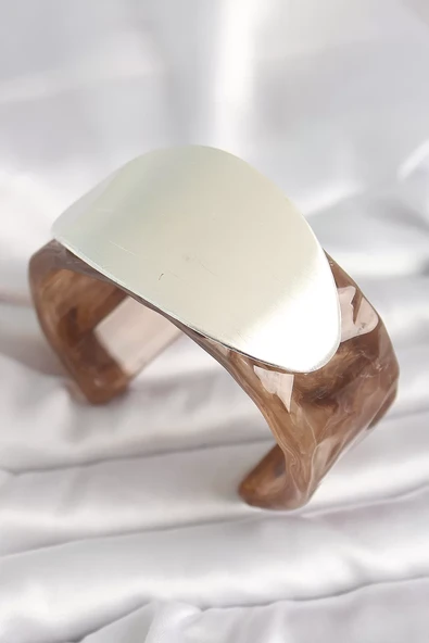 Kahverengi Mermer Desen Akrilik Plastik Gümüş Oval Plaka Model Vintage Kadın Bilezik - TJ-BB6674 ürün görseli 1
