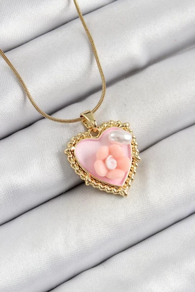 316L Çelik Zincir Pembe Sanatsal Portre İnci Detaylı Papatya Figürlü Kalp Model Gold Renk Kadın Kolye - TJ-BKO10271 ürün görseli 1
