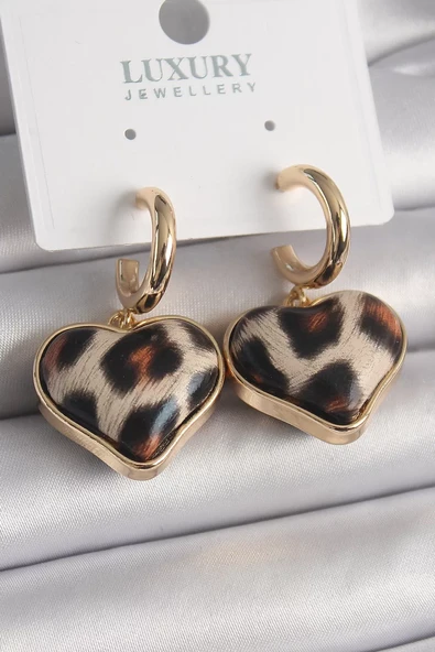 Pirinç Gold Renk 3D Kalp Leopar Model Kadın Küpe - TJ-BKP9876 ürün görseli 1