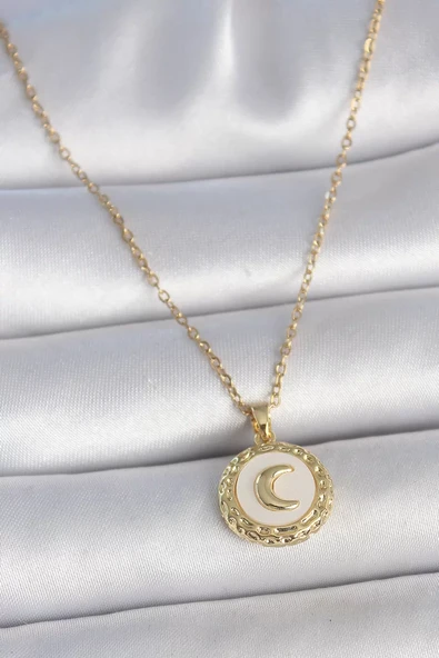316L Çelik Gold Renk Zincir Beyaz Mineli Hilal İşlemeli Madalyon Model Kadın Kolye - TJ-BKO10035 ürün görseli 1