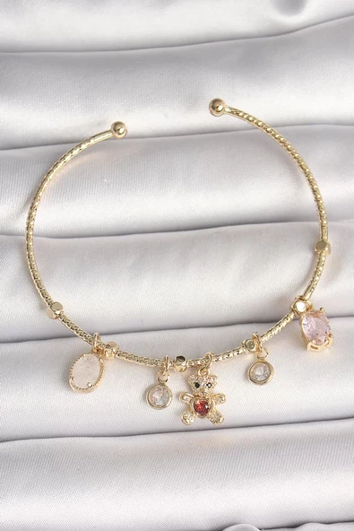 Pirinç Gold Renk Sallantı Zirkon Taşlı Ayıcık Figür Kırmızı Kalp Detay Charm Kadın Bileklik - TJ-BB6896 ürün görseli 1
