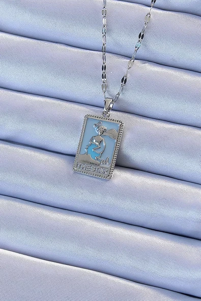 316L Çelik Zincir Gümüş Renk Mavi Mineli Tarot Kolye - TJ-BKO9210 ürün görseli 1
