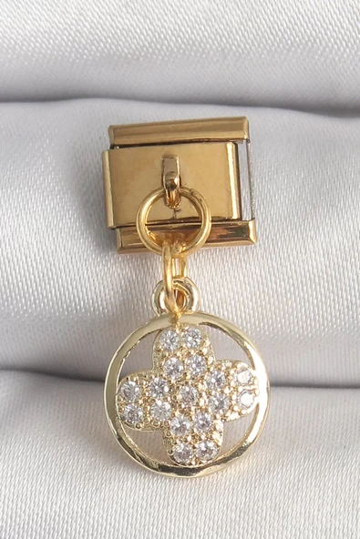 316L Çelik Gold Renk Sallantı Zirkon Taşlı Yonca Model Nomination Charm - TJ-BC1340 ürün görseli 1