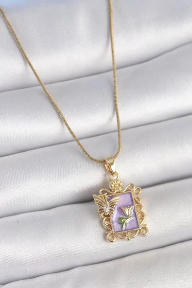 316L Çelik Gold Renk Zincir Mor Mineli Çiçek İşlemeli Zirkon Taşlı Kelebek Detay Portre Model Kadın Kolye - TJ-BKO10190 ürün görseli 1
