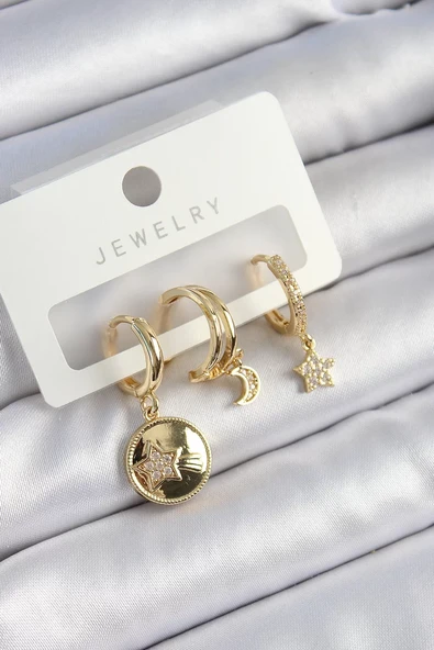 Pirinç Zirkon Taşlı Yıldız Ve Ay Model Gold Renk 3'lü Çift Kadın Küpe Set - TJ-BKP10833 ürün görseli 1